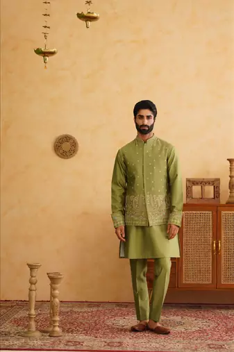 Basil green hand embroidered nehru jacket  kurta set