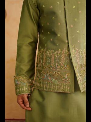 Basil green hand embroidered nehru jacket  kurta set 4