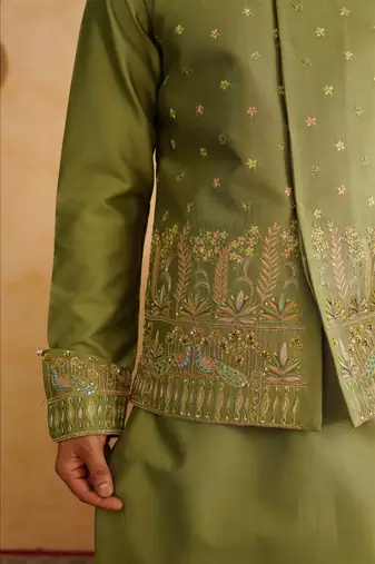 Basil green hand embroidered nehru jacket  kurta set