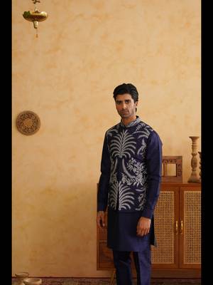 Navy sequins and thread embroidered nehru jacket  set 1