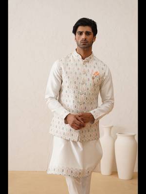 White multi color thread embroidered nehru jacket  kurta set 1