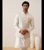 White multi color thread embroidered waistcoat kurta set