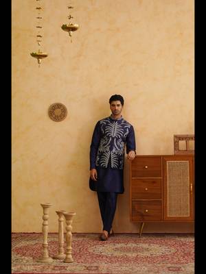 Navy sequins and thread embroidered nehru jacket  set 2