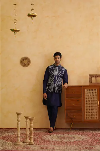 Navy sequins and thread embroidered nehru jacket  set