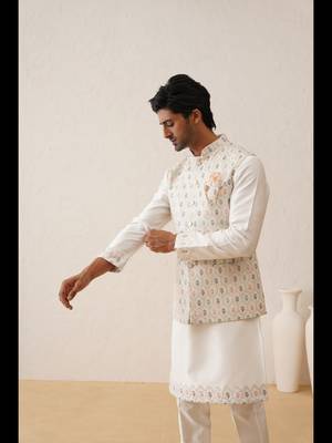 White multi color thread embroidered nehru jacket  kurta set 2