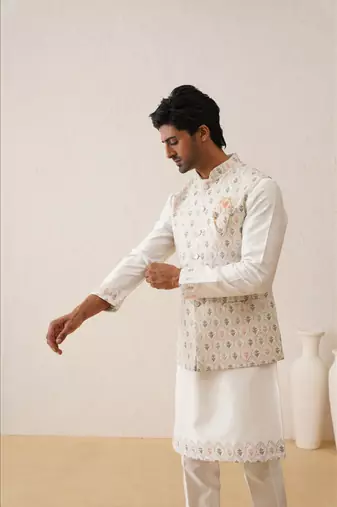 White multi color thread embroidered nehru jacket  kurta set