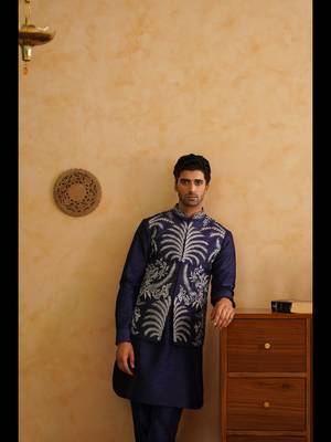 Navy sequins and thread embroidered nehru jacket  set 3