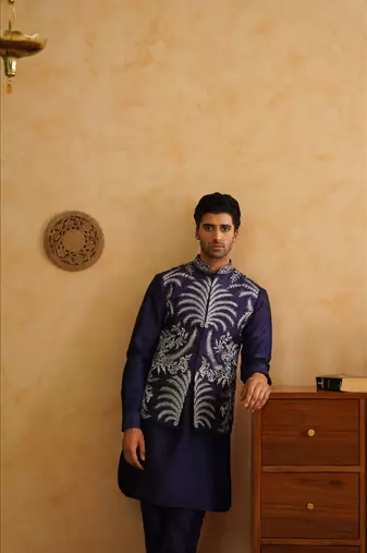 Navy sequins and thread embroidered nehru jacket  set