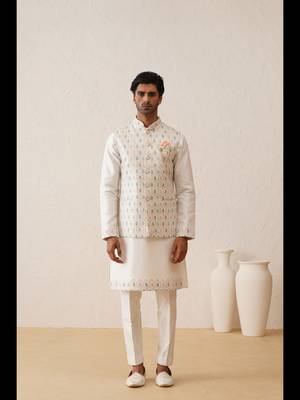 White multi color thread embroidered nehru jacket  kurta set 3