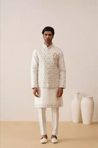 White multi color thread embroidered nehru jacket  kurta set