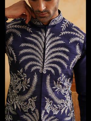 Navy sequins and thread embroidered nehru jacket  set 4