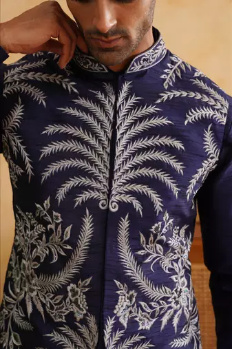 Navy sequins and thread embroidered nehru jacket  set