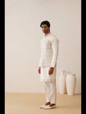 White multi color thread embroidered nehru jacket  kurta set 4