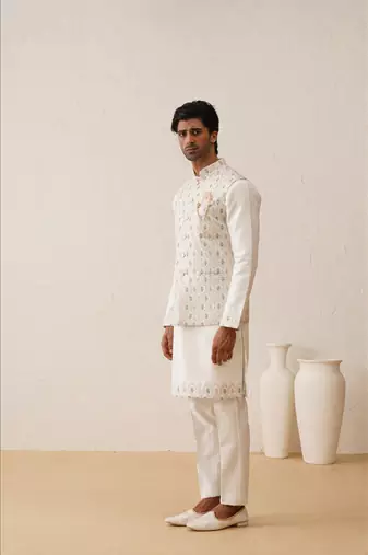 White multi color thread embroidered nehru jacket  kurta set
