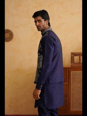 Navy sequins and thread embroidered nehru jacket  set 5