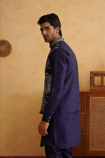 Navy sequins and thread embroidered nehru jacket  set