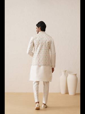 White multi color thread embroidered nehru jacket  kurta set 5