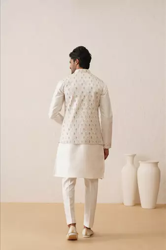 White multi color thread embroidered nehru jacket  kurta set