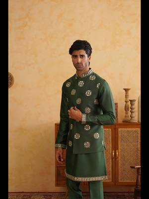 Bottle green mirror embroidered nehru jacket  kurta set 1