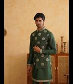 Bottle green mirror embroidered waistcoat kurta set