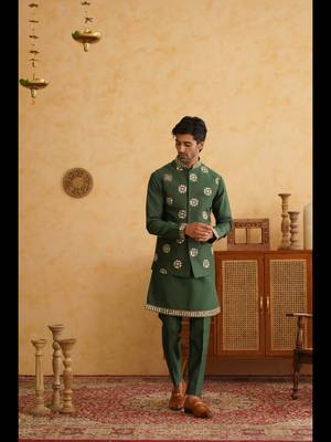 Bottle green mirror embroidered nehru jacket  kurta set 2