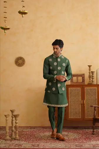 Bottle green mirror embroidered waistcoat kurta set