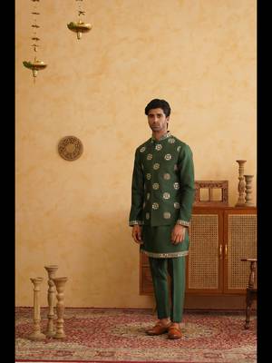Bottle green mirror embroidered nehru jacket  kurta set 3
