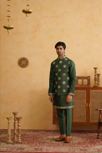 Bottle green mirror embroidered waistcoat kurta set