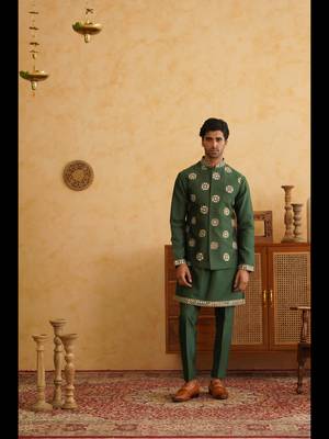 Bottle green mirror embroidered nehru jacket  kurta set 4