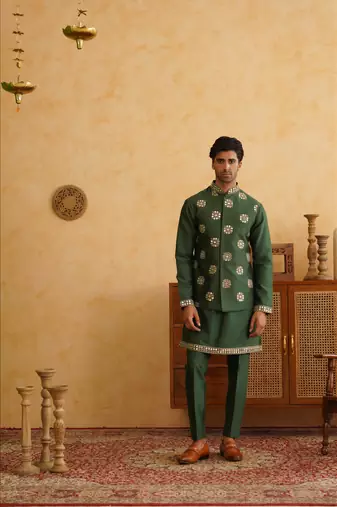 Bottle green mirror embroidered waistcoat kurta set