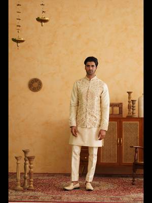 Cream resham and mirror embroidered nehru jacket  kurta sets 1