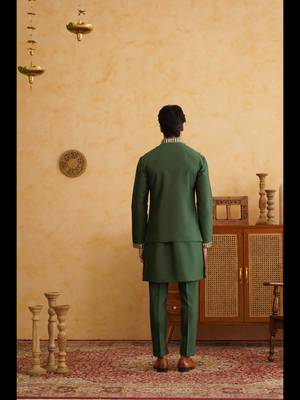 Bottle green mirror embroidered nehru jacket  kurta set 5