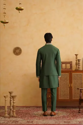 Bottle green mirror embroidered waistcoat kurta set