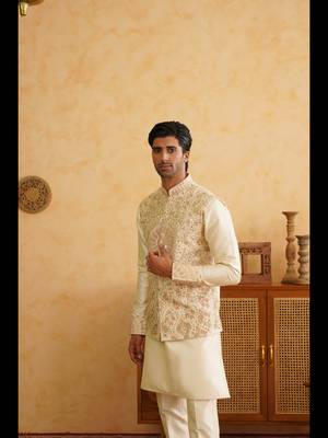 Cream resham and mirror embroidered nehru jacket  kurta sets 2