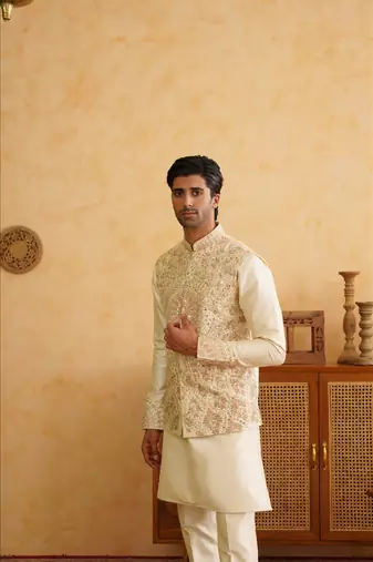Cream resham and mirror embroidered nehru jacket  kurta sets