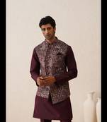 Wine thread embroidered waistcoat kurta set on silk
