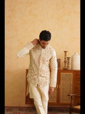 Cream resham and mirror embroidered nehru jacket  kurta sets 3
