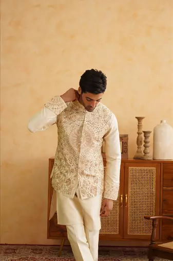 Cream resham and mirror embroidered nehru jacket  kurta sets