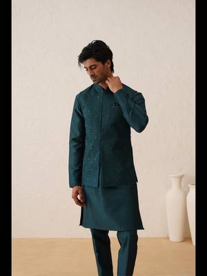 Teal green swarovski embroidered waistcoat kurta set 1