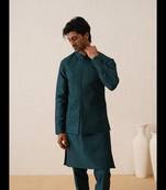 Teal green swarovski embroidered waistcoat kurta set