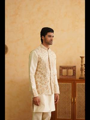 Cream resham and mirror embroidered nehru jacket  kurta sets 4