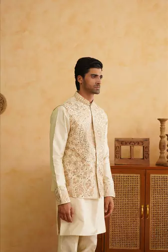 Cream resham and mirror embroidered nehru jacket  kurta sets