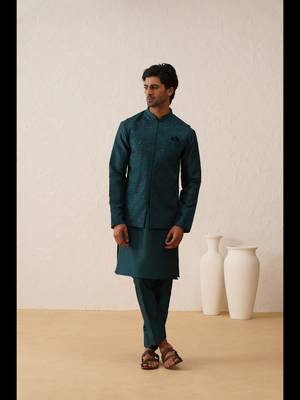 Teal green swarovski embroidered waistcoat kurta set 2