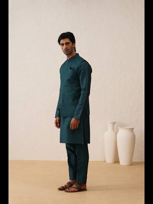 Teal green swarovski embroidered waistcoat kurta set 3