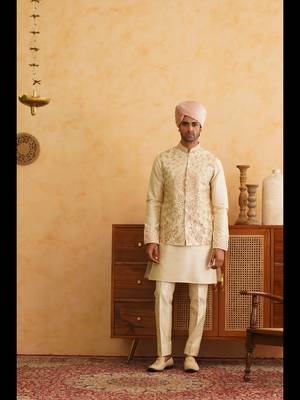 Cream resham and mirror embroidered nehru jacket  kurta sets 5