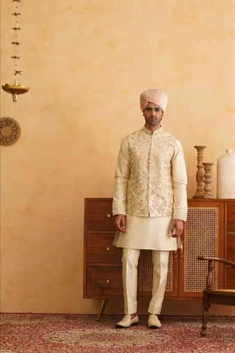 Cream resham and mirror embroidered nehru jacket  kurta sets