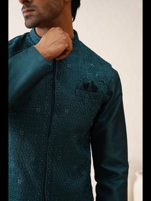 Teal green swarovski embroidered waistcoat kurta set 5