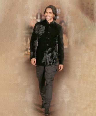 Black silk velvet embroidered bandhgala 1