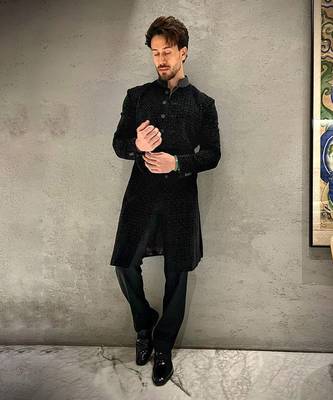 Black velvet embroidered sherwani 1