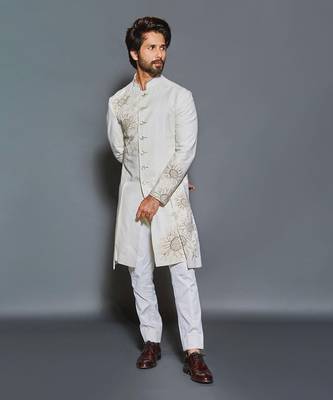 Ivory matka silk embroidered sherwani 1
